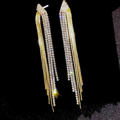 Box Chain Layer Rhinestone 18K Gold Anti Tarnish Long Tassel Dangler Earring For Women