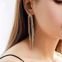Box Chain Layer Rhinestone 18K Gold Anti Tarnish Long Tassel Dangler Earring For Women Group5