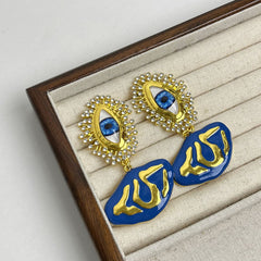Evil Eye Cubic Zirconia Enamel Blue 18K Gold Dangler Earring For Women