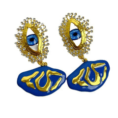 Evil Eye Cubic Zirconia Enamel Blue 18K Gold Dangler Earring For Women
