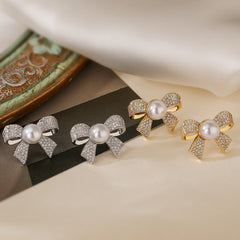 Ribbon Bow Cubic Zirconia Pearl 18K Gold White Anti Tarnish Stud Earring For Women