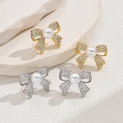Ribbon Bow Cubic Zirconia Pearl 18K Gold White Anti Tarnish Stud Earring For Women