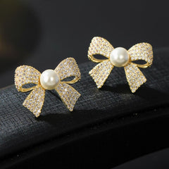 Ribbon Bow Cubic Zirconia Pearl 18K Gold White Anti Tarnish Stud Earring For Women