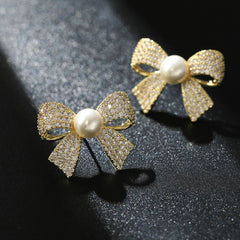 Ribbon Bow Cubic Zirconia Pearl 18K Gold White Anti Tarnish Stud Earring For Women