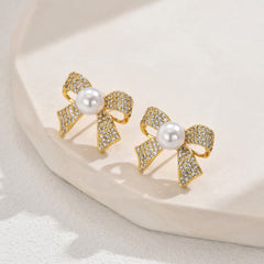 Ribbon Bow Cubic Zirconia Pearl 18K Gold White Anti Tarnish Stud Earring For Women