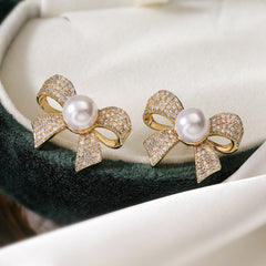 Ribbon Bow Cubic Zirconia Pearl 18K Gold White Anti Tarnish Stud Earring For Women