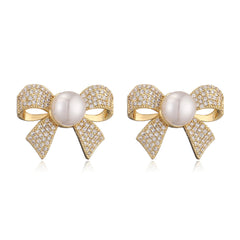 Ribbon Bow Cubic Zirconia Pearl 18K Gold White Anti Tarnish Stud Earring For Women