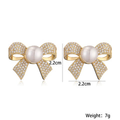 Ribbon Bow Cubic Zirconia Pearl 18K Gold White Anti Tarnish Stud Earring For Women