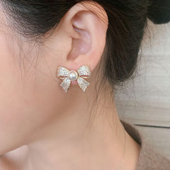 Ribbon Bow Cubic Zirconia Pearl 18K Gold White Anti Tarnish Stud Earring For Women