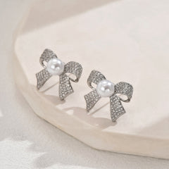 Ribbon Bow Cubic Zirconia Pearl 18K Gold White Anti Tarnish Stud Earring For Women