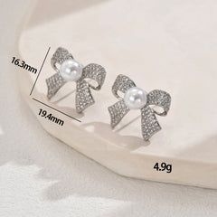 Ribbon Bow Cubic Zirconia Pearl 18K Gold White Anti Tarnish Stud Earring For Women