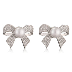 Ribbon Bow Cubic Zirconia Pearl 18K Gold White Anti Tarnish Stud Earring For Women