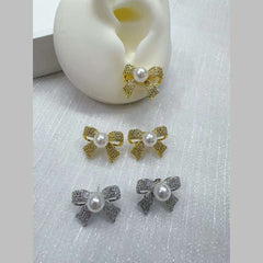 Ribbon Bow Cubic Zirconia Pearl 18K Gold White Anti Tarnish Stud Earring For Women