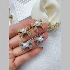 Ribbon Bow Cubic Zirconia Pearl 18K Gold White Anti Tarnish Stud Earring For Women