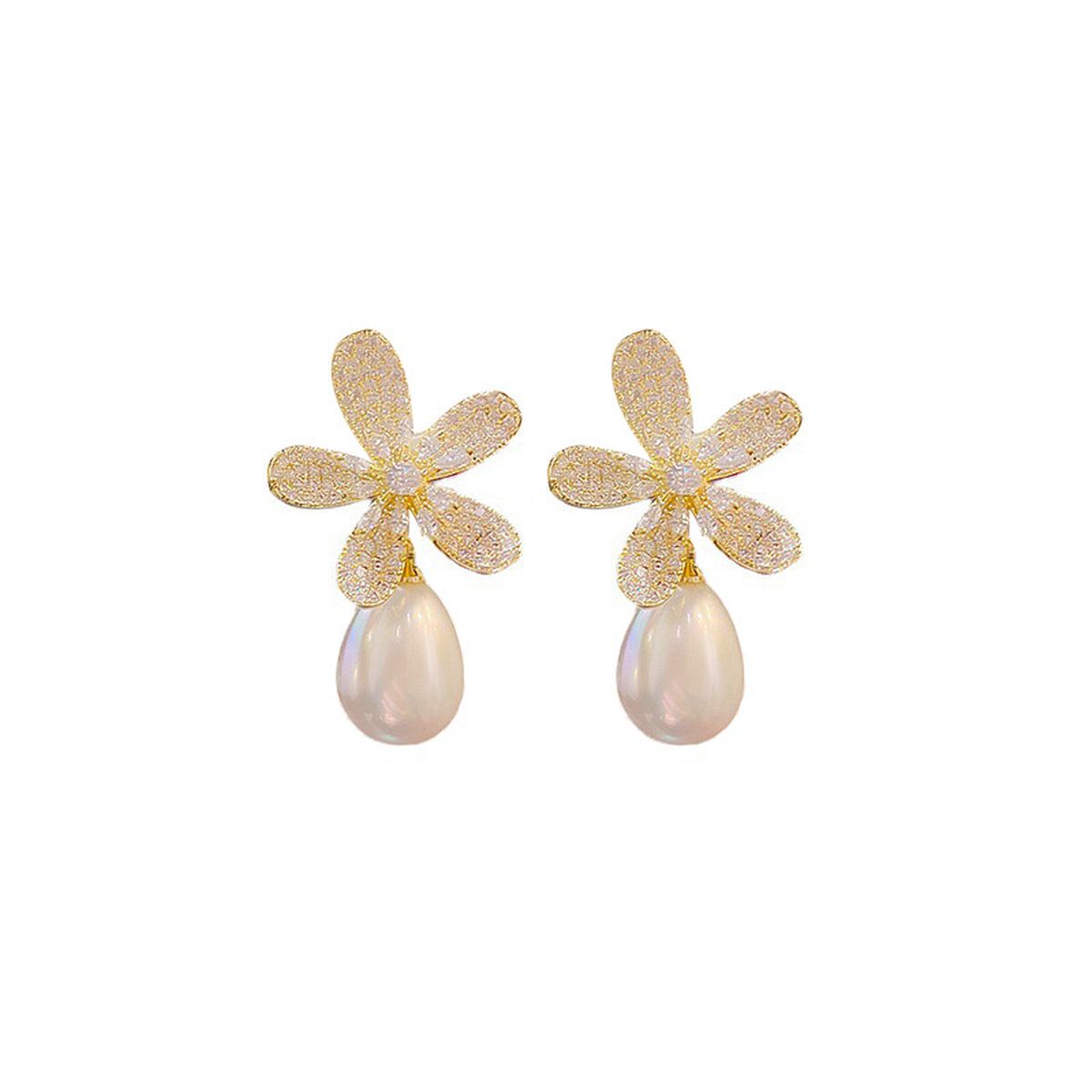 Flower 18K Gold White CZ Pearl Anti Tarnish Stud Drop Earring