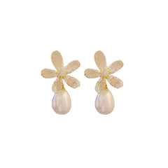 Flower 18K Gold White CZ Pearl Anti Tarnish Stud Drop Earring