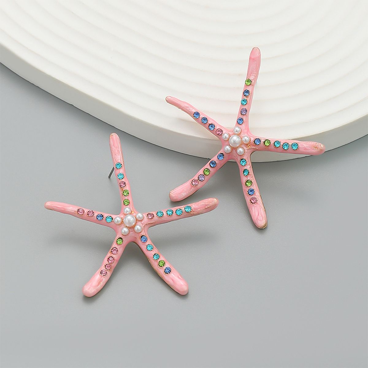 Star Fish Gemstone Pearl 18K Gold Pink Stud Earring For Women