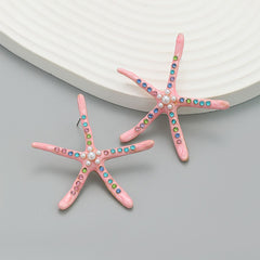 Star Fish Gemstone Pearl 18K Gold Pink Stud Earring For Women