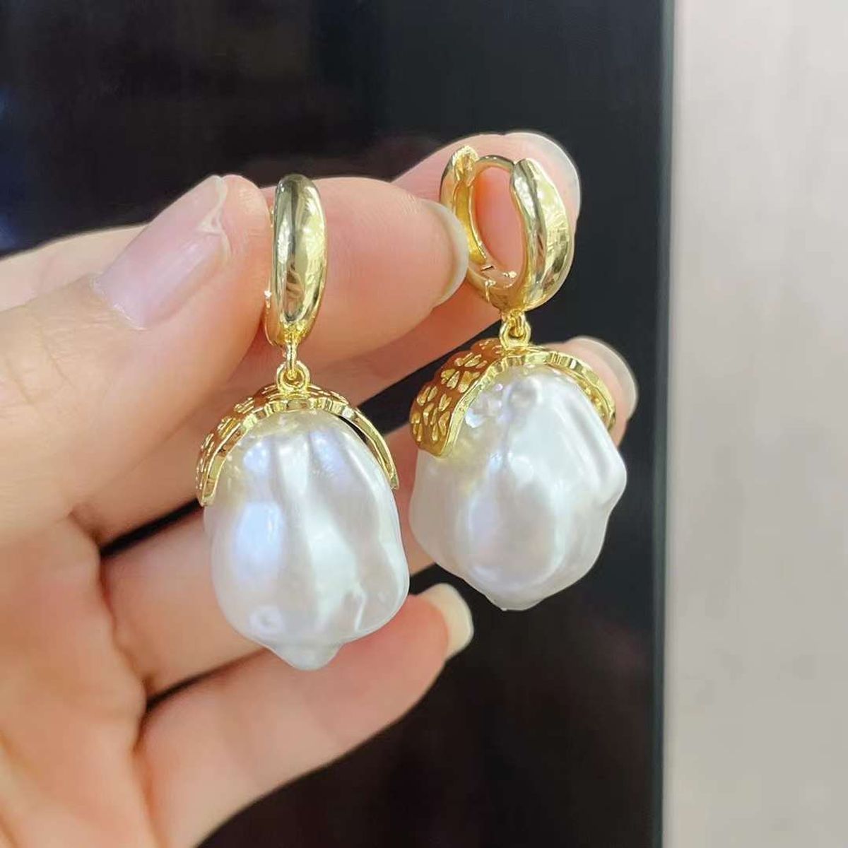 Freshwater Baroque Pearl 18K Gold White Anti Tarnish Hoop Dangler Earring For Women
