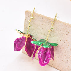 Tulip Flower Leaf Enamel 18K Gold Pink Green Tassel Dangler Earring For Women