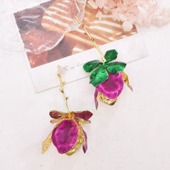 Tulip Flower Leaf Enamel 18K Gold Pink Green Tassel Dangler Earring For Women Group6