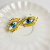 Eyelash Evil Eye Blue White 18K Gold Stud Earring For Women