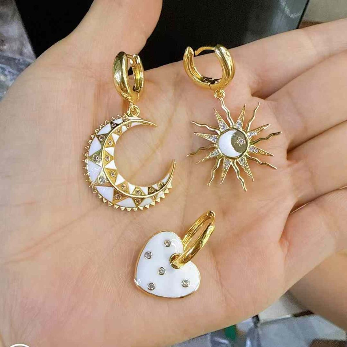 Crescent Moon Cubic Zirconia Enamel 18K Gold Anti Tarnish Hoop Dangler Earring For Women