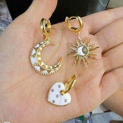 Crescent Moon Cubic Zirconia Enamel 18K Gold Anti Tarnish Hoop Dangler Earring For Women
