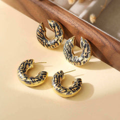 Tiger Stripe Enamel 18K Gold Black Anti Tarnish Hoop Earring For Women
