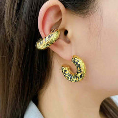 Tiger Stripe Enamel 18K Gold Black Anti Tarnish Hoop Earring For Women