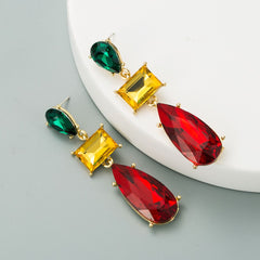 Drop Rectangle Ruby Crystal Red Green 18K Gold Dangler Earring For Women