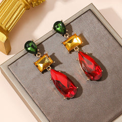 Drop Rectangle Ruby Crystal Red Green 18K Gold Dangler Earring For Women