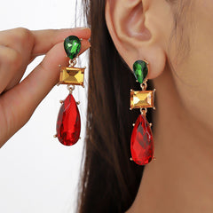 Drop Rectangle Ruby Crystal Red Green 18K Gold Dangler Earring For Women