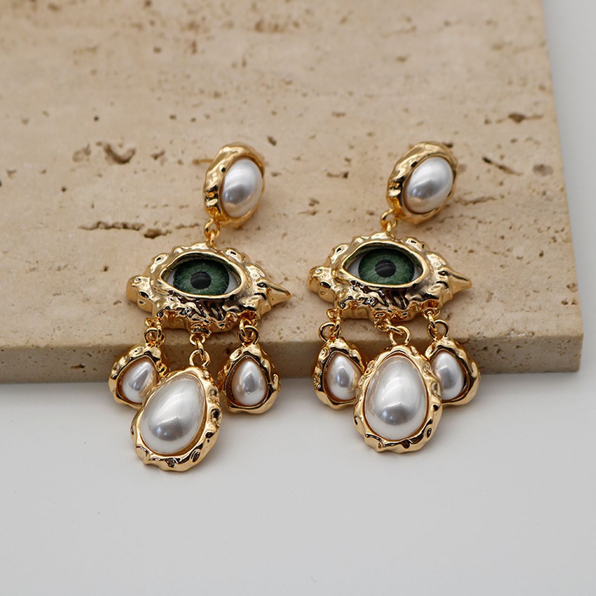 Evil Eye Pearl 18K Gold White Green Chandelier Dangler Earring