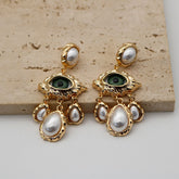 Evil Eye Pearl 18K Gold White Green Chandelier Dangler Earring