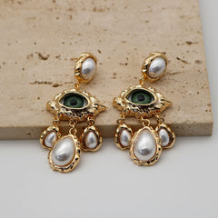 Evil Eye Pearl 18K Gold White Green Chandelier Dangler Earring
