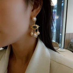 Evil Eye Pearl 18K Gold White Green Chandelier Dangler Earring