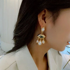 Evil Eye Pearl 18K Gold White Green Chandelier Dangler Earring