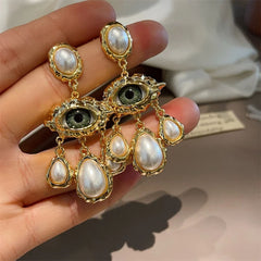 Evil Eye Pearl 18K Gold White Green Chandelier Dangler Earring
