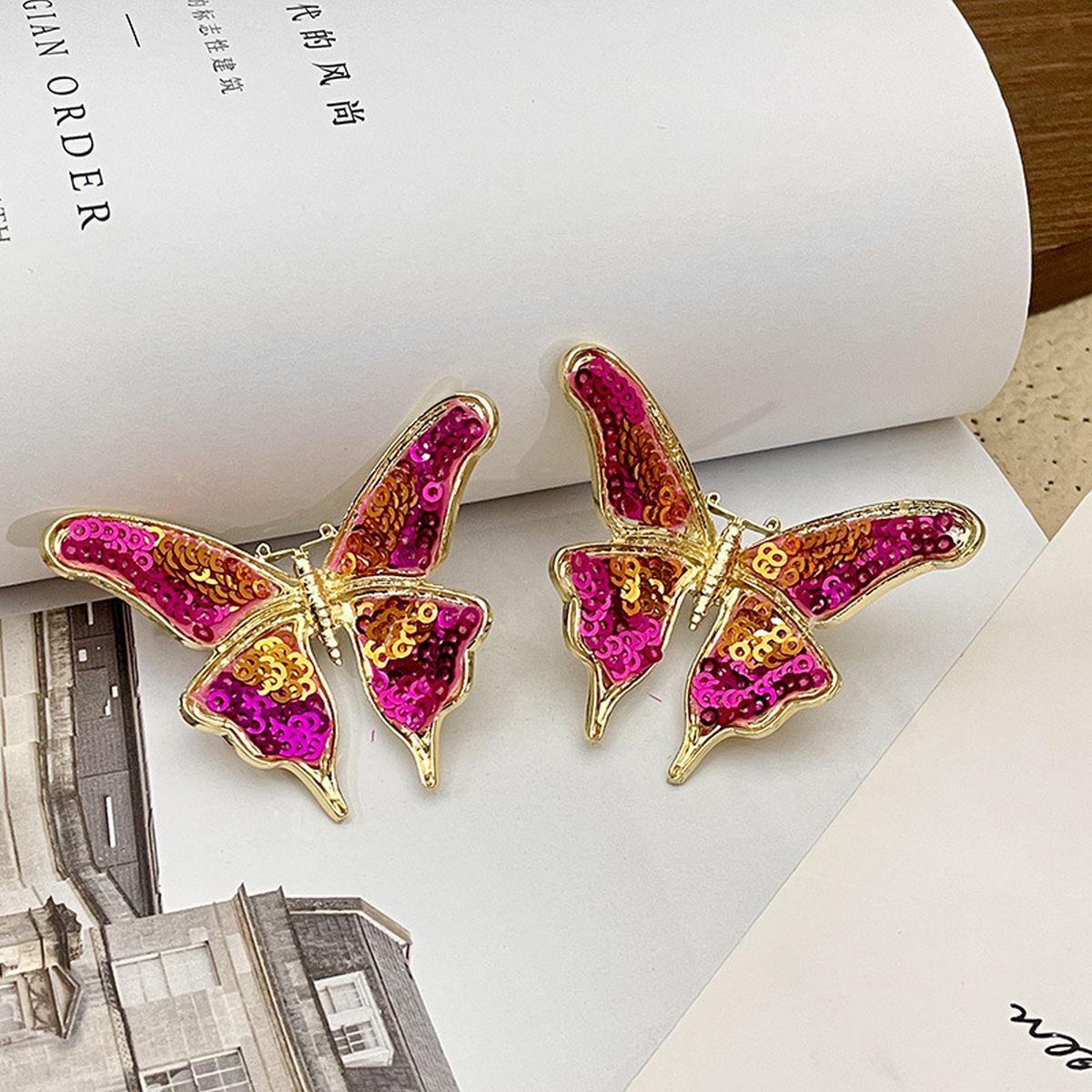 Butterfly 18K Gold Pink Stud Earring For Women
