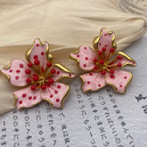 Pink Red Flower Gold Plated Enamel Alloy Stud Earrings For Women