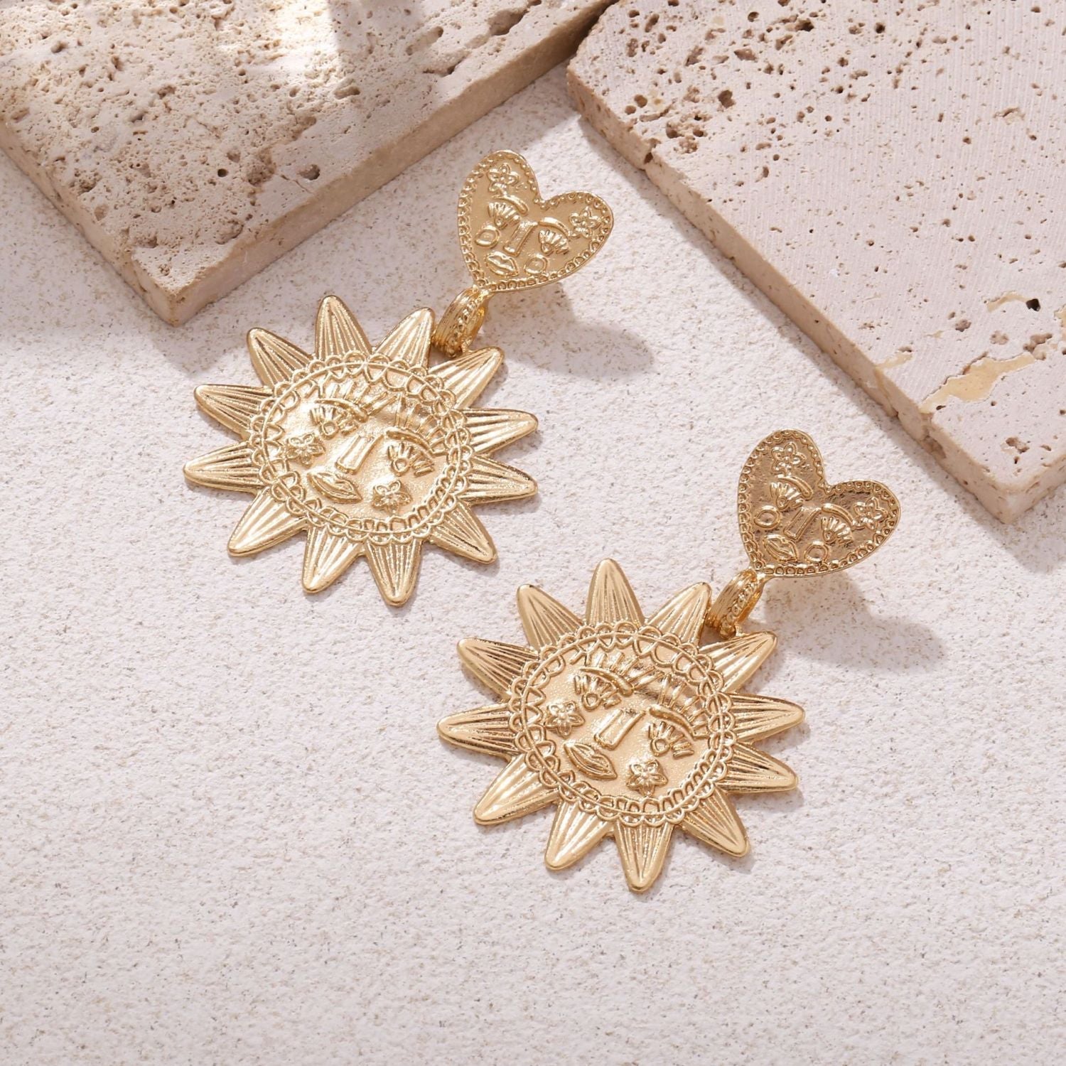 Star Sun Heart 18K Gold Dangler Earring For Women