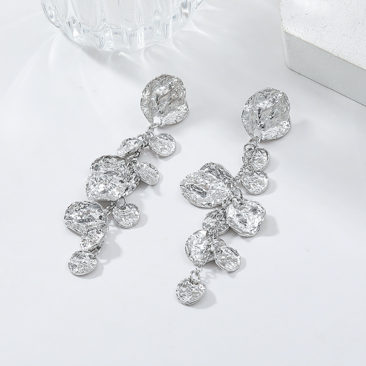 Beaten Finish Coin Silver Tassel Dangler Earring For Women