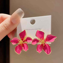 Pink Flower Gold Plated Enamel Alloy Stud Earrings For Women