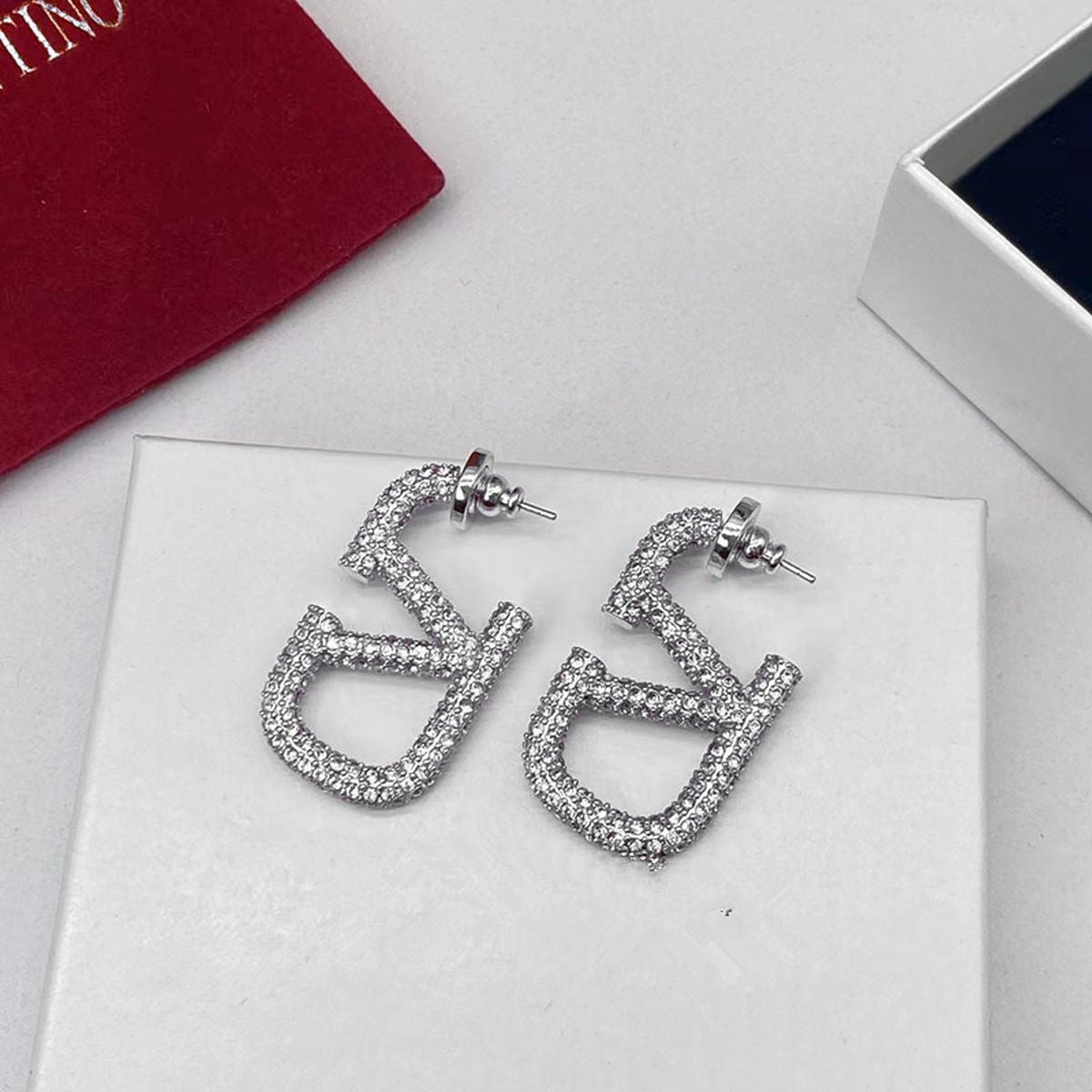V Shape Stainless Steel Cubic Zirconia Silver Hoop Dangler Earring For Women