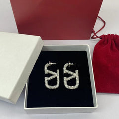 V Shape Stainless Steel Cubic Zirconia Silver Hoop Dangler Earring For Women