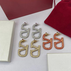 V Shape Stainless Steel Cubic Zirconia Silver Hoop Dangler Earring For Women