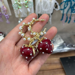 Strawberry Cubic Zirconia Pearl 18K Gold Red Anti Tarnish Hoop Dangler Earring For Women Group6