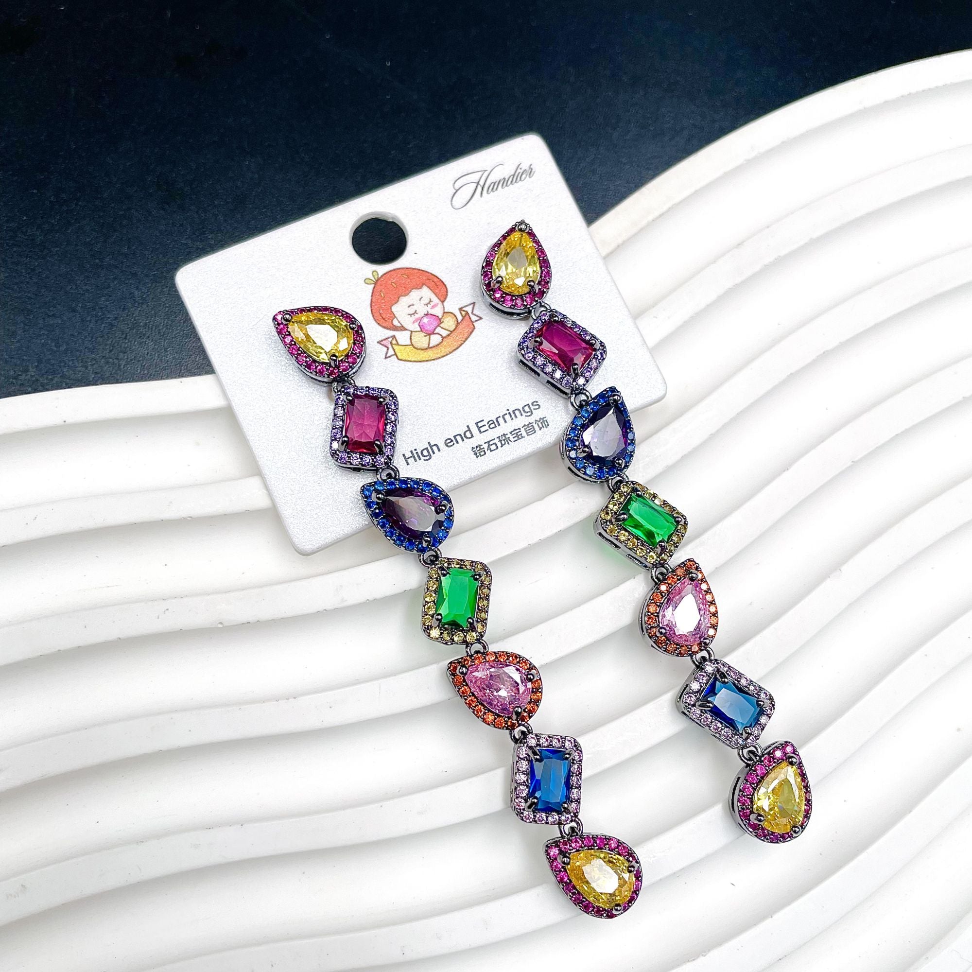 Rainbow Geometric Solitaire Black Multi Crystal Anti Tarnish Tassel Dangler Earring For Women