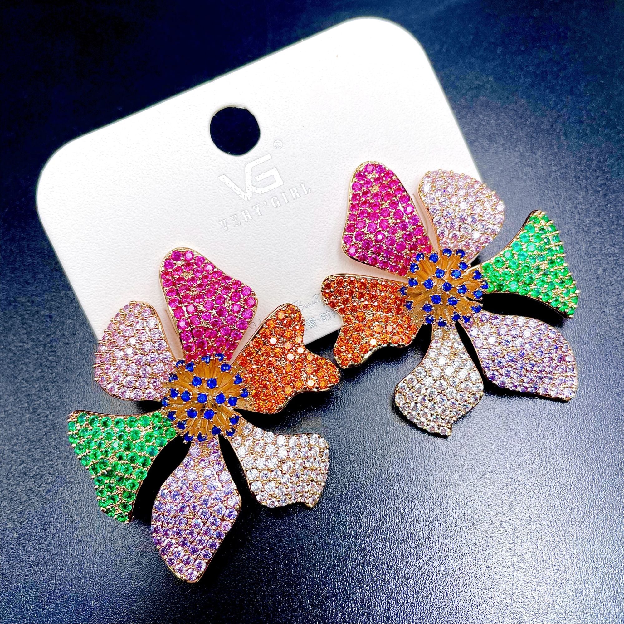 Rainbow Flower Silver Multi Cubic Zirconia Crystal Anti Tarnish Stud Earring For Women